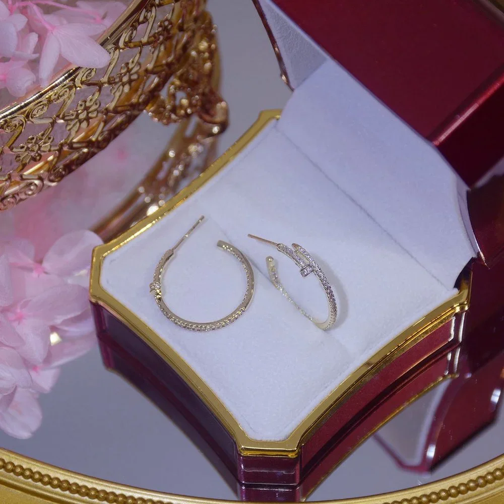 NEW 14K Gold Plated Round Diamond Nail Hoop Earrings - Picture 3 of 11
